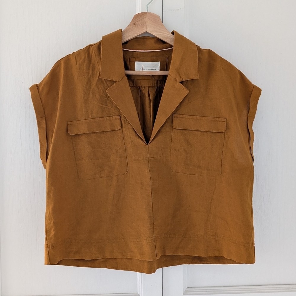Anthropologie Boxy V-Neck Utility Crop in Mustard